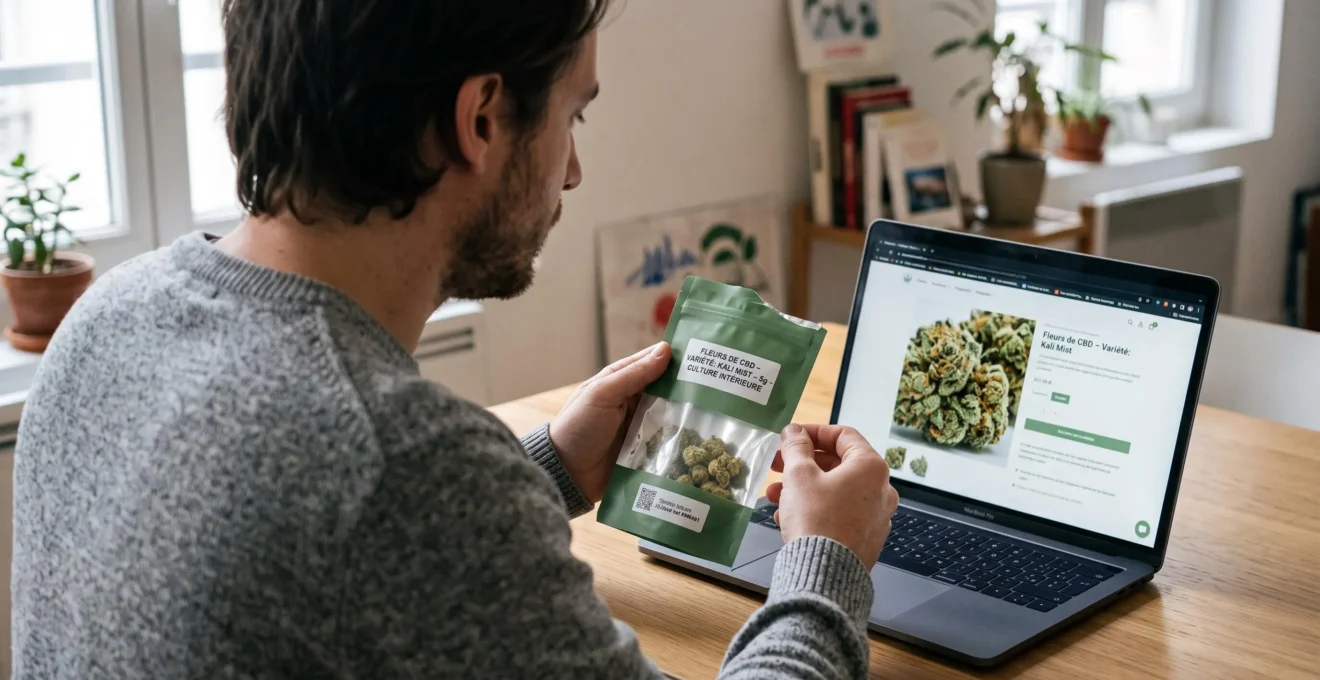 Un client compare un paquet de fleurs de CBD à la photo affichée sur son ordinateur