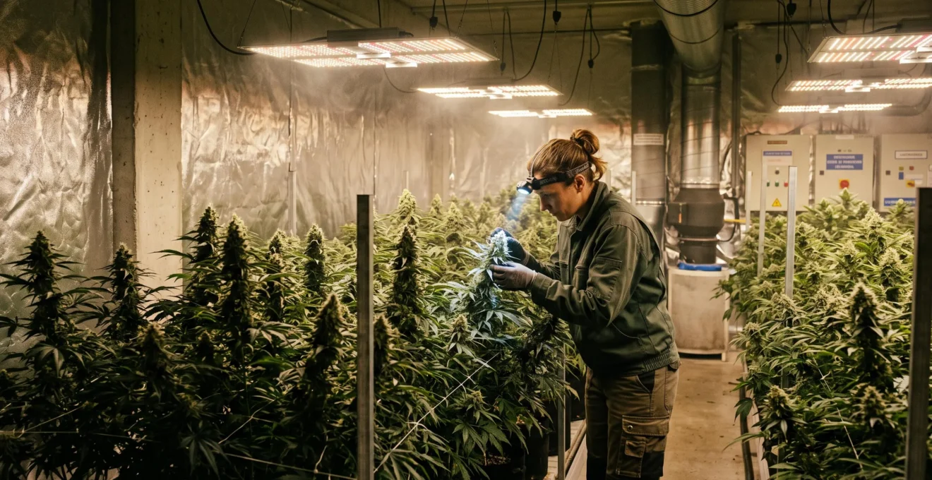 Un cultivateur inspecte les fleurs de plants de cannabis dans une salle indoor