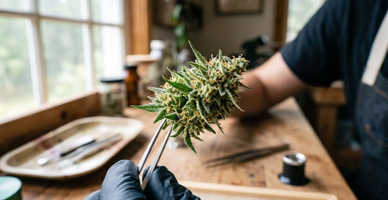 Une fleur de CBD manucurée riche en trichomes tenue avec une pince