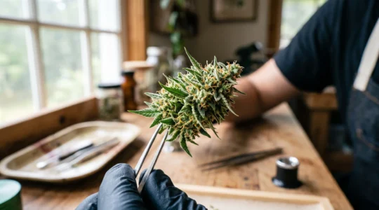 Une fleur de CBD manucurée riche en trichomes tenue avec une pince