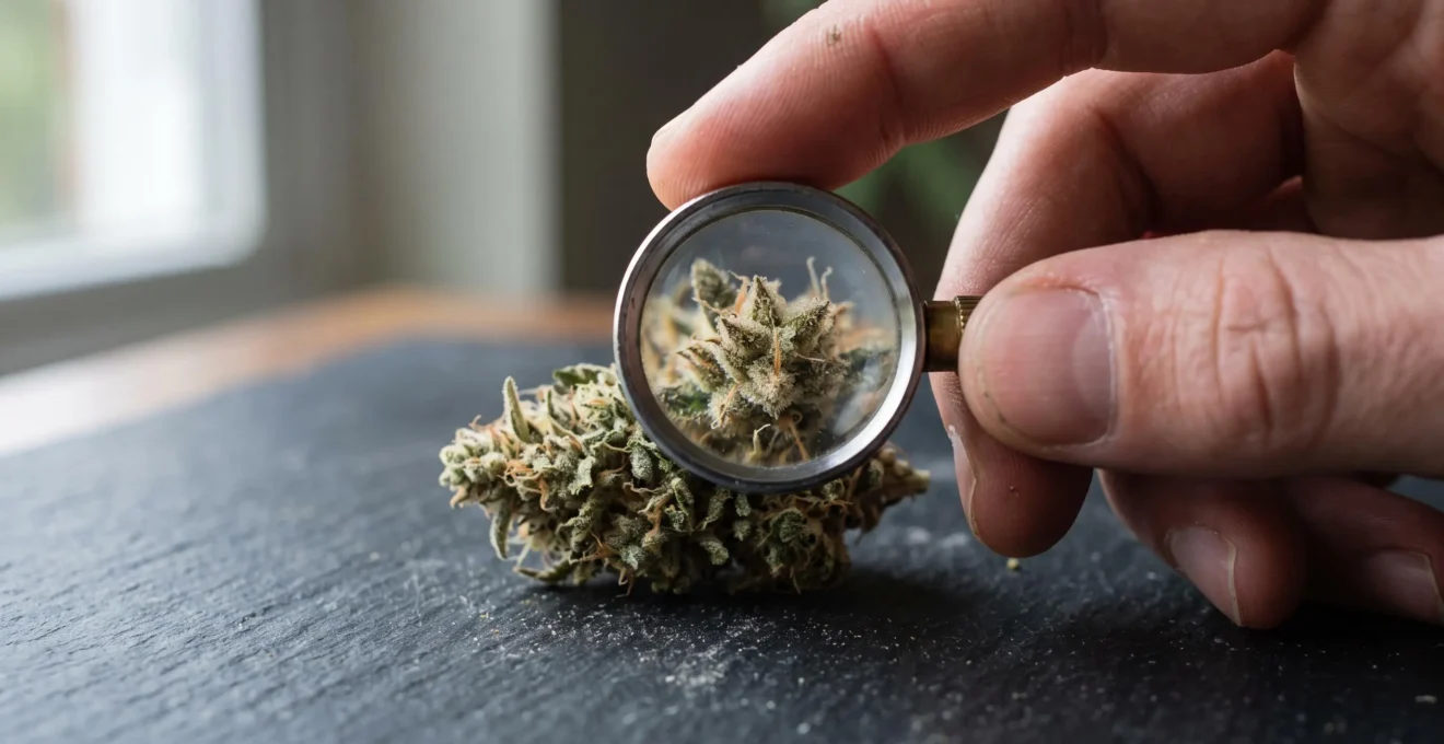 Un observateur examine les trichomes d'une fleur de CBD à la loupe